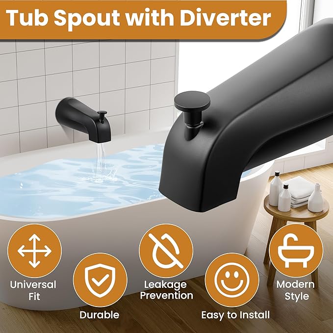 Dreyoo Tub Spout (Universal Fits 1/2" Copper Pipe, 1/2" IPS and 3/4" IPS), Bathroom Bathtub Faucet with Adapters and Hex Wrench(Matte Black,Simple)