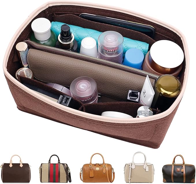 Doxo Purse Organizer Insert for Handbags & Base Shaper 2pc Set with Zipper, Felt Bag Organizer for Tote, Purse Organizer for LV Speedy 25/30/35 Neverfull MM Le Pliage L Tote Bag and More(Brown-L)