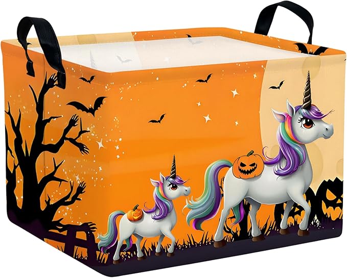 ASKETAM Halloween Basket Gift Cute Pumpkin Ghost Parties Decor Kid Trick or Treat Basket for Boys and Girls Rectangular Storage Bin Box (Unicorn Bat)