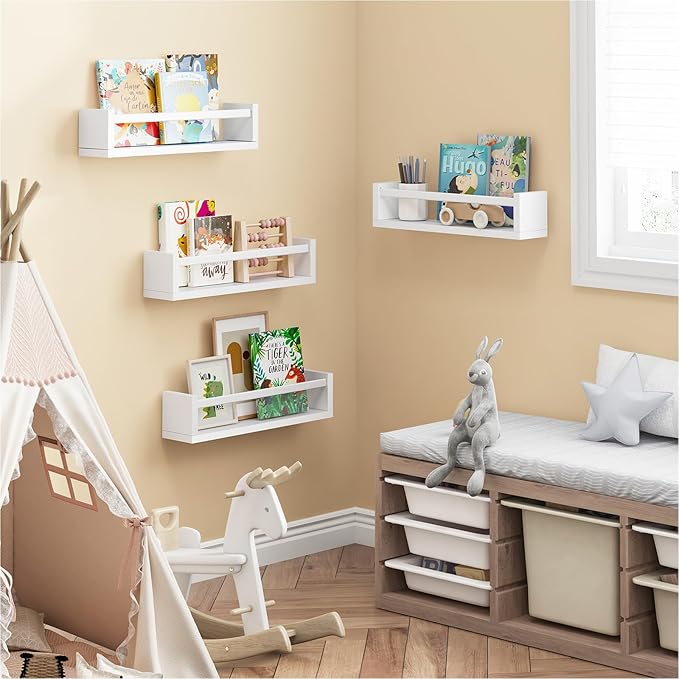 Fixwal Nursery Book Shelves, 16.5 Inch Floating Bookshelves for Nursery & Playroom Decor, Set of 4, Solid Wood Wall Mounted Shelves for Books and Toys Storage (White)
