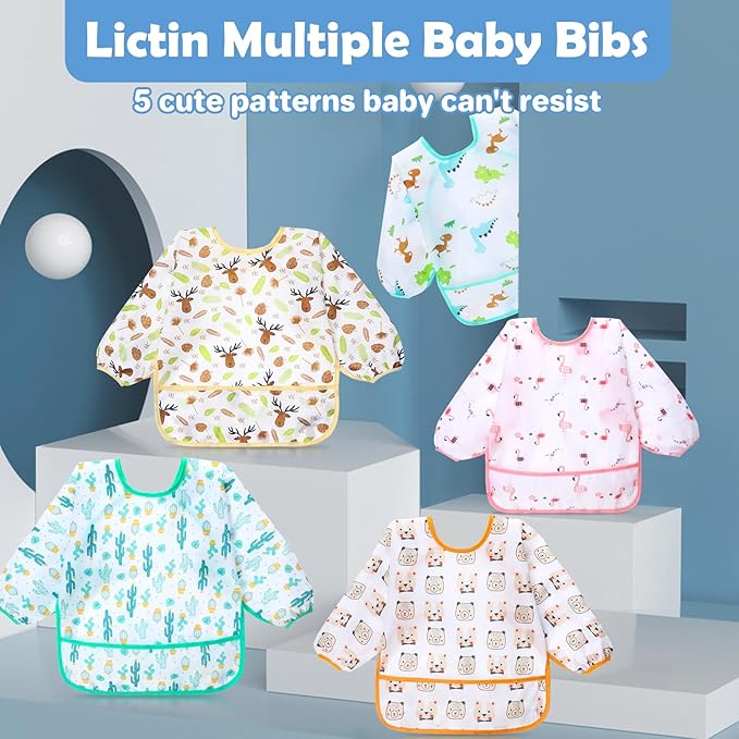 Lictin Long Sleeve Bibs 5 Pack - Baby Bibs for Girl or Boy, Reusable Infant for Feeding Teething or Weaning