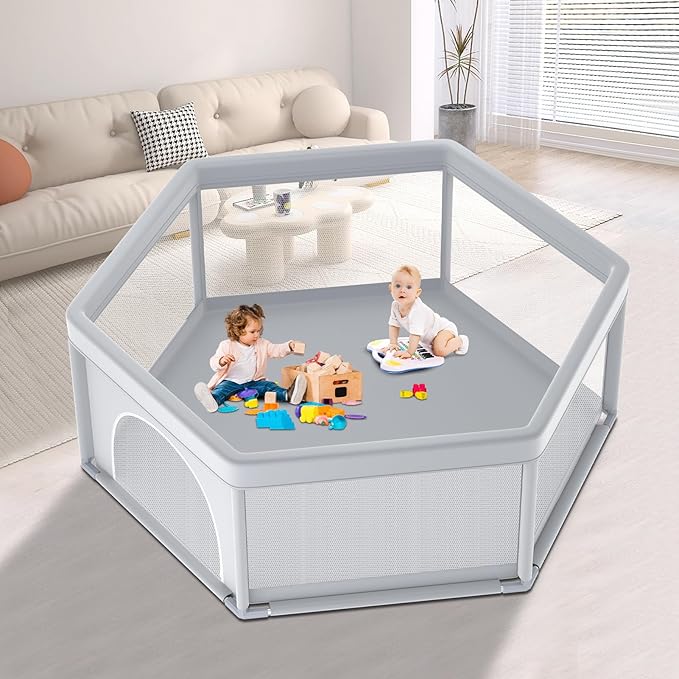 XVISHX 65x65 Inch Hexagonal Baby Playpen, Playpen for Babies and Toddlers, Baby Play Pen Playard for Indoor & Outdoor Active Center Game Fence, with Skin-Friendly Fabric and Soft Breathable Mesh