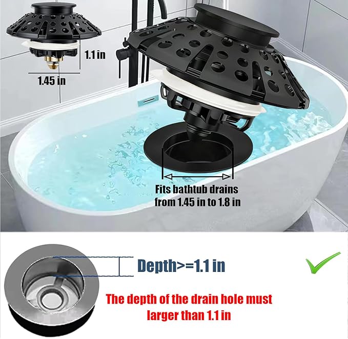 AzWzz Bathtub Drain Stopper, Pop Up Tub Stopper Plug with Bathtub Drain Hair Catcher Cover, Universal for 1.45 in to 1.8 in Tub Drain, Matte Black