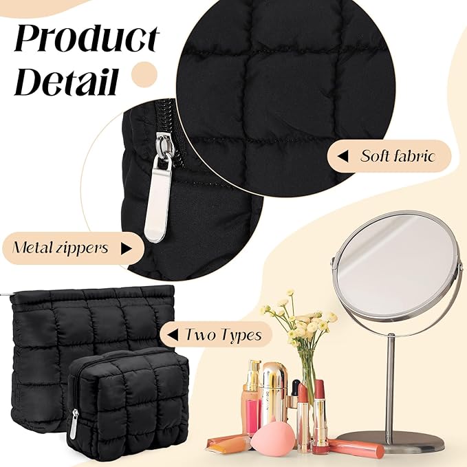 2 Pcs Puffy Makeup Bag Quilted Cosmetic Pouch for Women Cute Checkered Travel Toiletry Bag Puffer Makeup Organizer Purse Pouch Preppy Pencil Case with Zipper(Black)