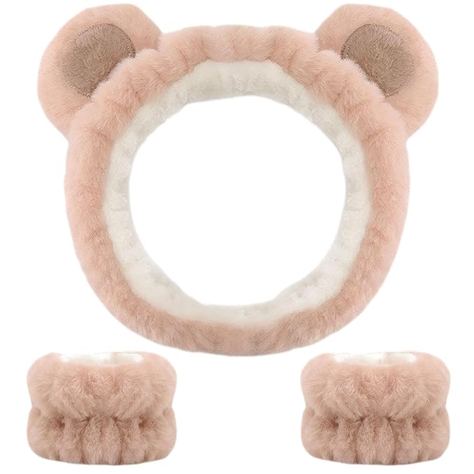 Bear Ears Headband, Cute Spa Headband and Wristband Set Washing Face Skincare Makeup Headbands for Women Girls Trendy Stuff Present Soft Coral Fleece Hair Accessories(Khaki)