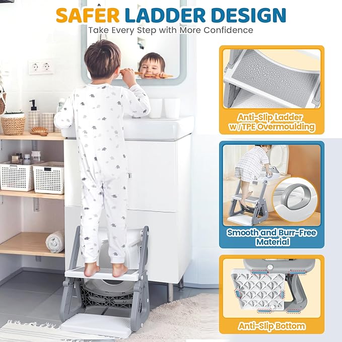 Orzbow Frog Potty Training Seat, Toddler Toilet Seat with Step Stool Ladder, 2-in-1 Potty Training Toilet Essentials for Boys Girls, Adjustable Height, Non-Slip Step and Splash Guard Design, Grey