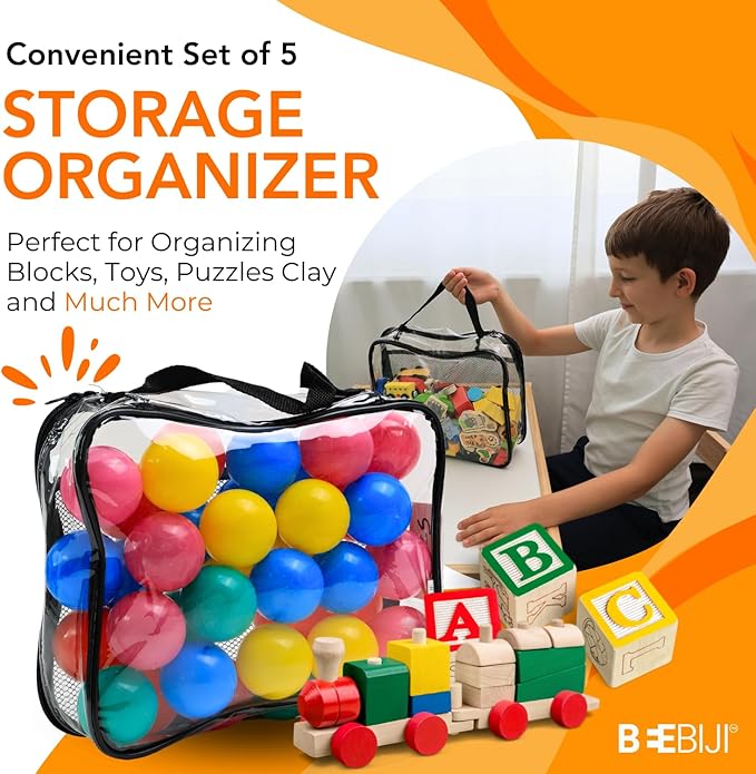 5-Pack Toy Storage Bags for Kids – Clear Organizer Pouch with Zippers & Labels – Large PVC Clear Storage Bags for Legos, Building Blocks & Board Games – Stackable Toy Organizers – 12"x 9.5"