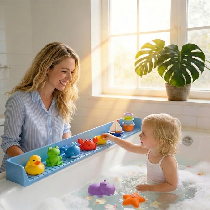 Bathtub Splash Guard for Kids - 31 Inch Silicone Tub Side Shelf with Strong Suction Cups, Toy Tray Holder to Prevent Water Spills, Keep Bathroom Dry (Light Blue)