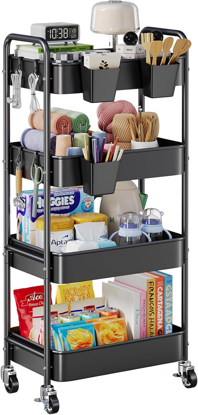 4-Tier Metal Rolling Cart with Wheels, Storage Utility Organizer Cart for Kitchen, Bathroom, Office, Baby Essentials & Makeup - Lockable Casters, Easy Assembly, Large Capacity, Black
