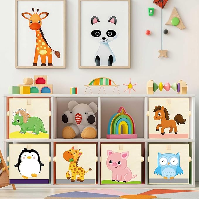 Kigley 6 Pcs Collapsible Cube Storage Bins Kids Foldable Storage Cube Organizer Fabric Toy Box Decorative Kids with Handles for Home Nursery Bedroom, 10.6 x 10.6 Inch(Cute Animal)