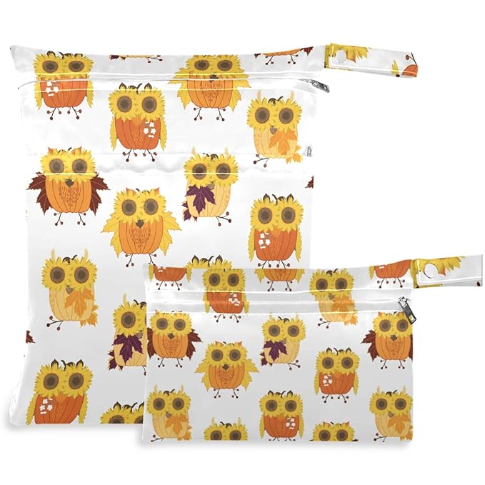 visesunny Owl with Sunflower Eyeglasses Animal 2Pcs Wet Bag with Zippered Pockets Washable Reusable Roomy for Travel,Beach,Pool,Daycare,Stroller,Diapers,Dirty Gym Clothes, Wet Swimsuits, Toiletries