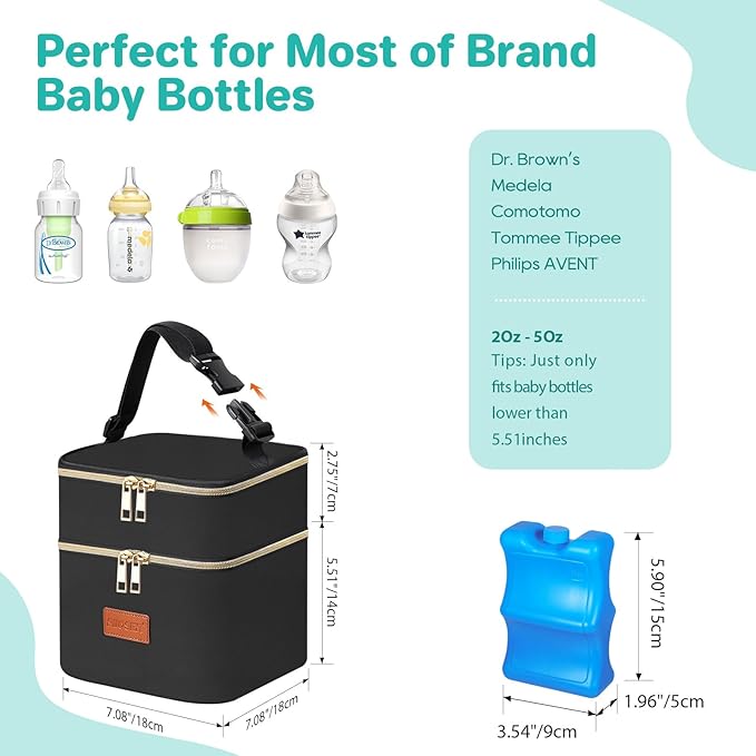PIIOSER Baby Bottle Cooler Bag with Ice Pack, Fits 4 Baby Bottles Up to 5 Ounce, Portable Insulated Breastmilk Cooler Travel Bag with Handle Buckle for Nursing & Working Mom Daycare (Black-XS)