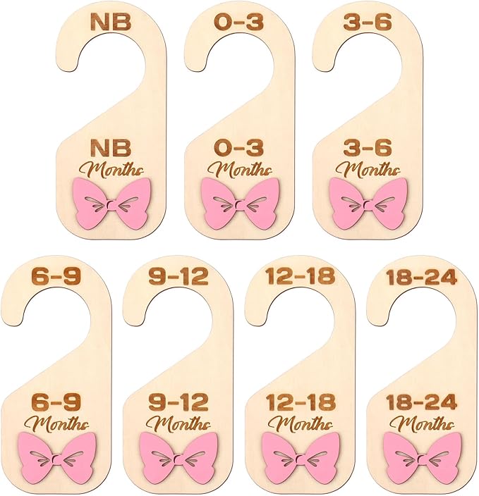 Bnesi Wooden Closet Dividers Wooden Bow Dividers for Closet Set of 7 Double-Sided Newborn Clothes Size Hanger Dividers from Newborn to 24 Months Pink Nursery Decor (Cute)