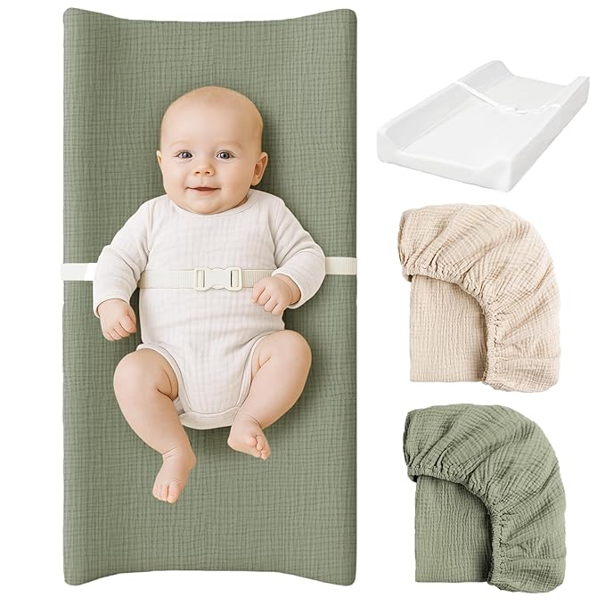 Konssy Muslin Changing Pad with Waterproof Lining Foam, Includes 2 Pack Soft & Cotton Cover, Baby Diaper Changing Pad for Dresser or Table, 32x16 inches (Fog Green,Cream)