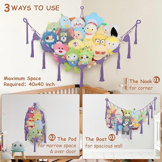 Stuffed Animal Net Hammock Corner, 57 Inch Large No Drilling Handcrafted Toy Hammock Plushie Net, Natural 100% Cotton Boho Macrame Stuffy Storage Toy Net Organizer for Kid Room Nursery Decor(Purple)