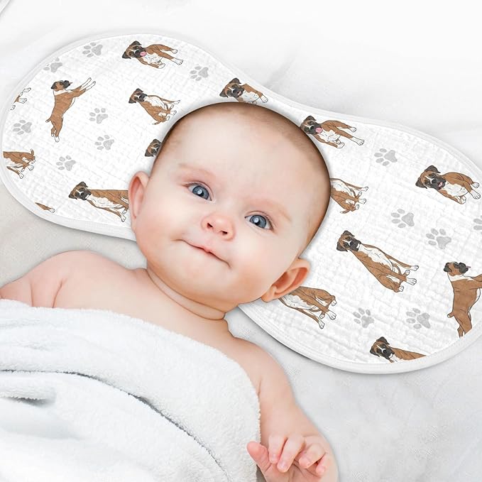 Qinllo 4 Pack Muslin Burp Cloths Boxer Dogs White Cotton Baby Burp Cloths Ultra Soft Burping Cloth Absorbent Spit Up Rags for Newborn Boys Girls 22x11 Inch
