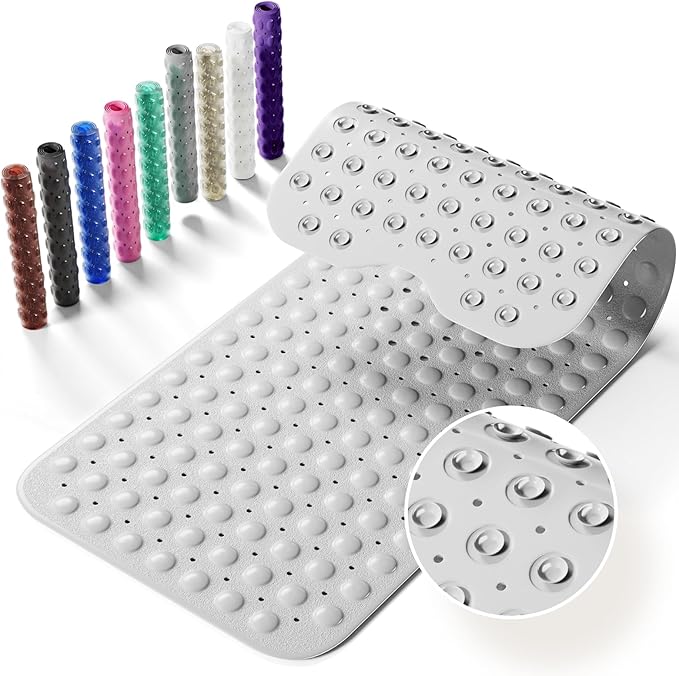 Krussier Non-Slip Bath Tub Mat, 39x16 Inch Extra Large Shower Mat with Drain Holes & Suction Cups, Machine Washable, Grey