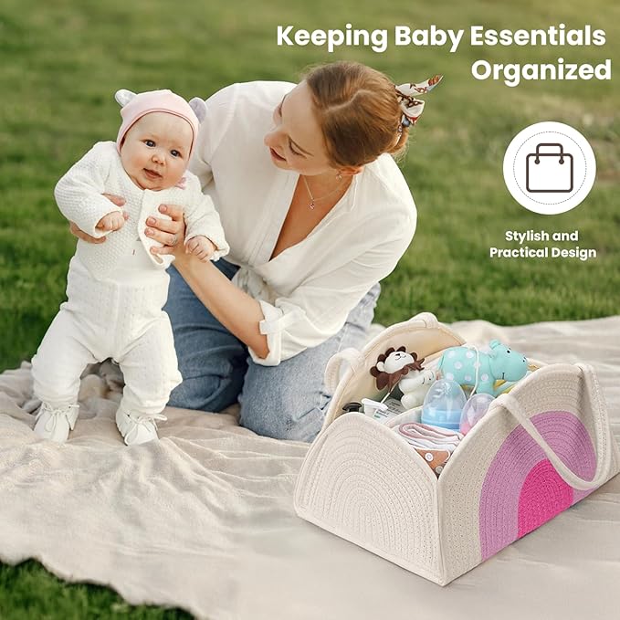 JMBNH Baby Diaper Caddy- With Removable Dividers, Nursery Storage Bin and Car Organizer,Boy & Girl Shower Gift Basket,Portable Organizer,Nursery Essentials-Rainbow Pink