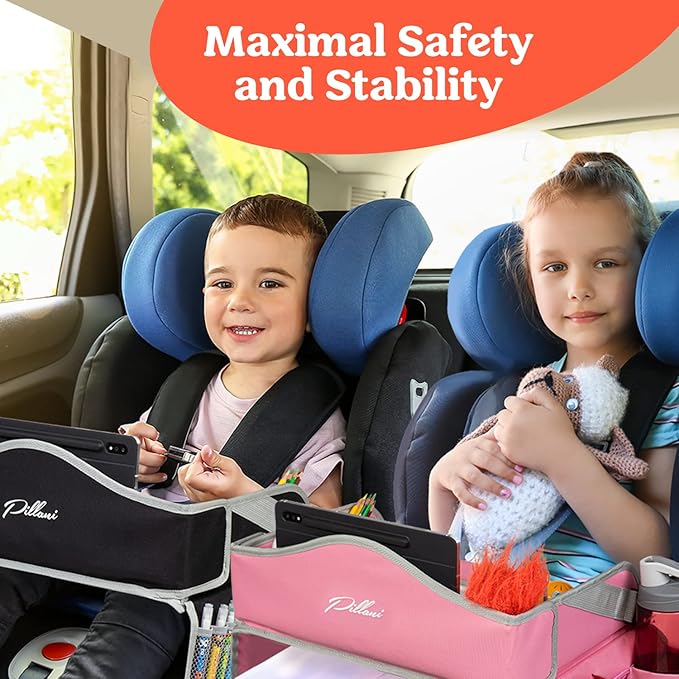 PILLANI Kids Travel Tray for Car - Car Seat Tray for Kids Travel, Road Trip Essentials Must Haves - Carseat Table Roadtrip Activities - Toddler Lap Desk Organizer for Airplane - Kids Travel Essentials