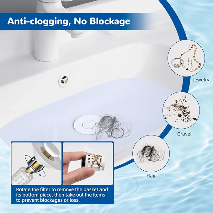 Hibbent 2 Pack 3 in 1 Bathroom Sink Drain Strainer, Universal Pop Up Stopper with Removable Stainless Steel Filter Basket Hair Catcher, Sink Plug for 1.1''~2.36'' Basin, Brass Bullet Core, White