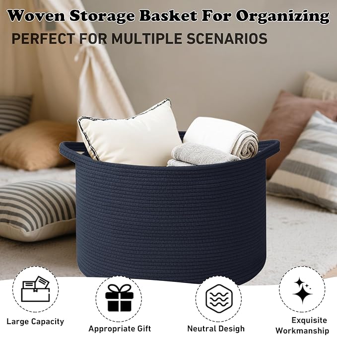 Large Storage Basket with Handle,23.6" x 23.6" x 15.7" Blanket Basket Storage Bins for Organizing,115L Cotton Rope Woven Baskets for Living Room, Nursery,Bedroom,Dark Blue