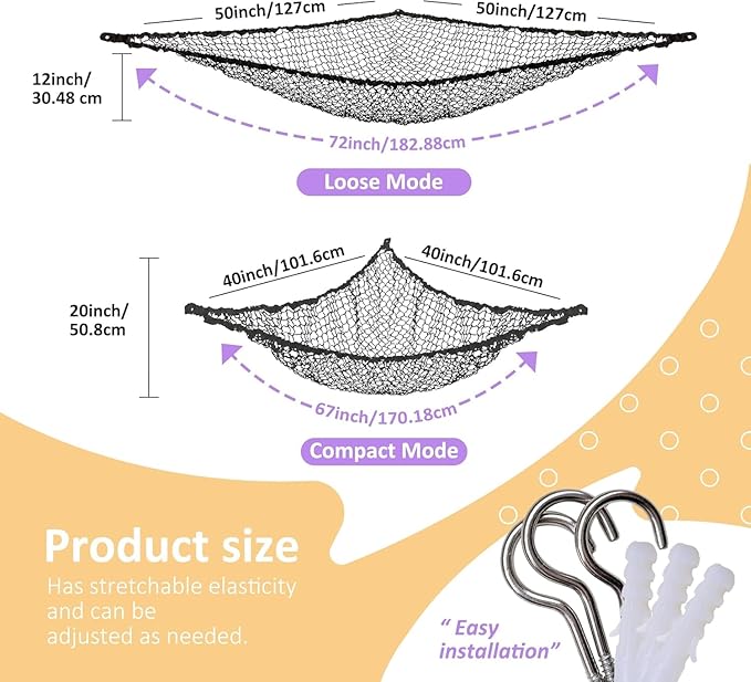Lazebox Stuffed Animal Net Hammock for Plushie Toys, Stuffed Animal Hammock Corner for Kids' Room Decor, Ideas for Organizing Stuffy Collection, Black, L (67" x 40" x 40")-Pack of 2