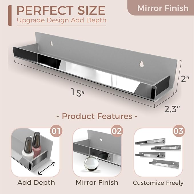 RORKIM 4 Pack 15 Inch Black Reflective Acrylic Shelves, Black Floating Shelves, Modern Sunglasses Essential Oil Picture Ledge Display Toy Storage Shelf