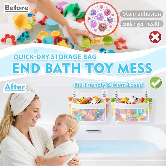 Bath Toy Holder 2-in-1 Zip-Connect Bathtub Toy Storage with 4 Suction Cups No Falling & one-Click Toy Release Quick-Dry Mesh Baby Shower Toy Holder - Kids Bath Toy Net for Tub Organizer