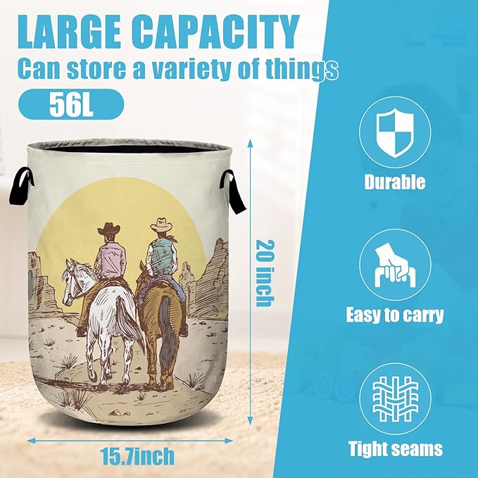Cowboys Riding Horses Laundry Basket, Laundry Hamper Collapsible Oxford Cloth with Handle Clothes Toy Storage Bin for Bathroom Laundry Room Bedroom 15.7 X 20 Inch
