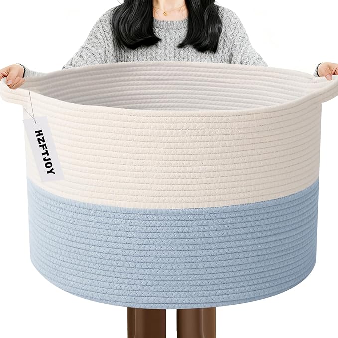 Large Storage Basket with Handle,19.7" L x 19.7" W x 13" H Blanket Basket Storage Bins for Organizing,65L Cotton Rope Woven Baskets for Living Room, Nursery,Bedroom,White&Blue