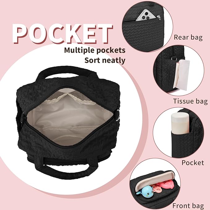 Small Diaper Bag Tote, Crossbody Diaper Bag Mini Purse with 8 Pockets, Travel Baby Bag for boys & Girls, 2 Insulated Pockets, Black