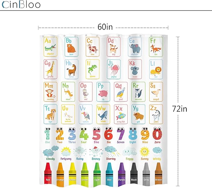Alphabet ABC Kids Shower Curtain 60Wx72H Children Cartoon Cute Animal Colorful Educational Bathroom Curtain Set Number Learning Bath Curtain Fabric Baby Girls Boys Bathroom Decor with 12 Hooks