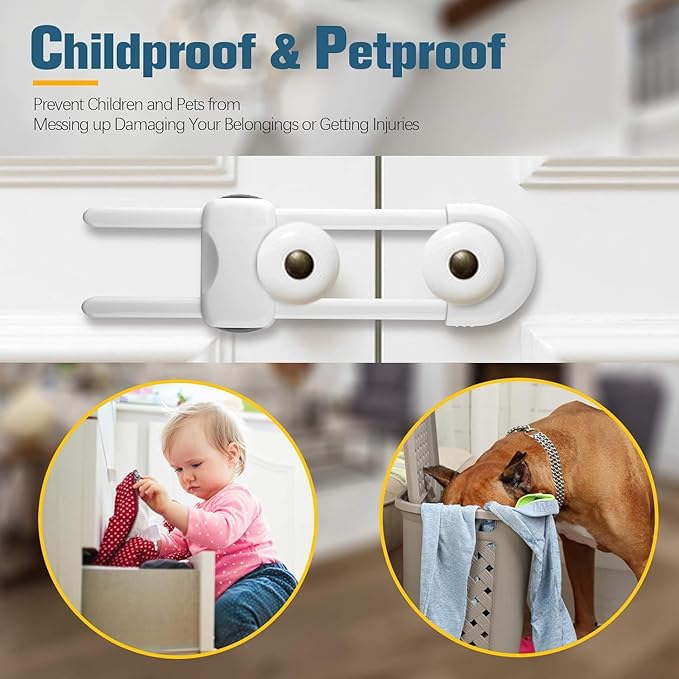 6 Pack Baby Proof Cabinet Locks, Adjustable U-Shaped Child Safety Locks for Cabinets, Drawers, Fridge, Closet | No Drill Baby Proofing Cabinet Latches with Secure Lock Button