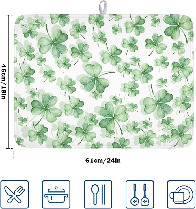 St Patrick's Day Dish Drying Mat for Kitchen Counter,Green Lucky Charm Shamrocks Drying Mat 18 x 24 Inch with High Absorbent Microfiber Drainer Mat for Coffee Bar