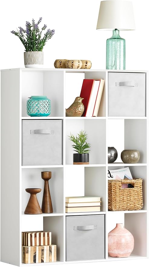 Whitmor 12 Cube Bookcase, 4 Tier Stackable MDF Bookself, Open Storage Display Organizer, Storage Cabinet for Living Room, Bedroom, Home, Office, 35.1" L x 11.6" W x 47.5" H, White
