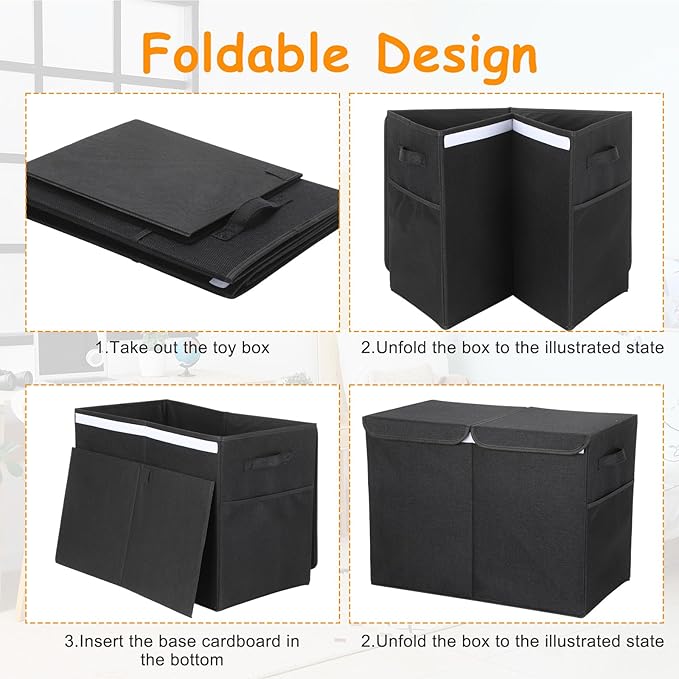 Fiwochic 3 Pack 23" Large Toy Storage Box with 11" Cubes Bins, Collapsible Toy Organizer Chest with Lids for Kids Nursery Playroom Bedroom Living Room Christmas Ornament Storage Box(Black)