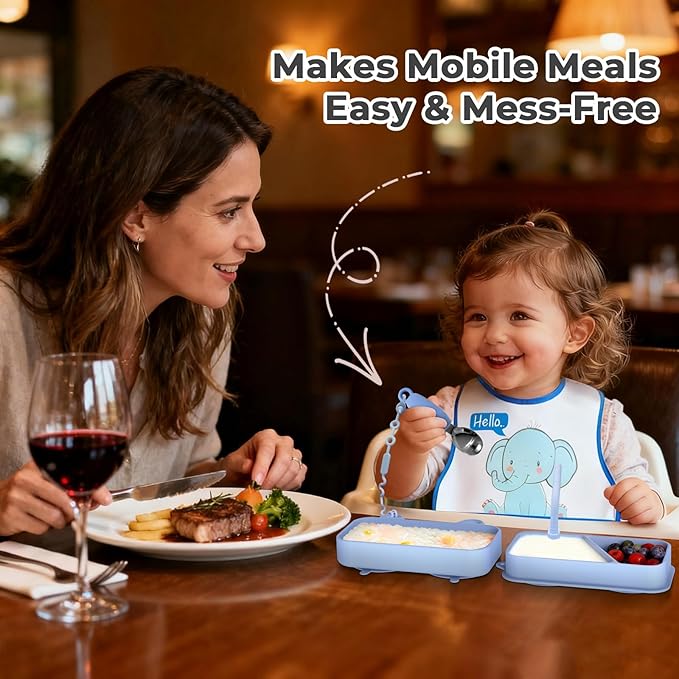 Travel Silicone Baby Feeding Set, 9pcs Portable Feeding Supplies, Toddler Suction Plates, 316 Stainless Steel Spoon & Fork, Silicone Baby Toy Straps, Lightweight Foldable Bib, Straw, Storage Bag
