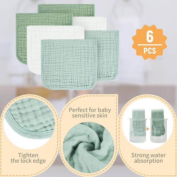 MIGIOL Baby Burp Cloth 100% Cotton Newborn Cotton Muslin Burp Cloth 10x20 inches (White & Green 6 Pieces)