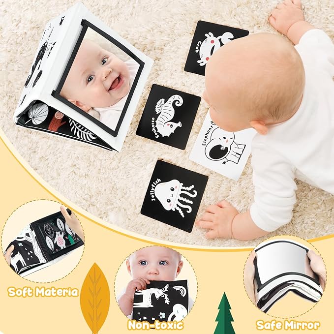 URMYWO Tummy Time Mirror Toys, Visual Stimulation Learning Cards, High Contrast Black and White Baby Toys for Newborn, Soft Baby Book for infant 0-12 Months, Baby Boy Girl Shower Gift Stocking Stuffer