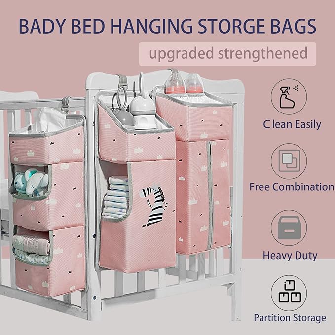 Hanging Diaper Caddy Organizer for Baby Crib - 3-in-1 Diaper Stacker for Changing Table Nursery Organization Storage Holder for Baby Essentials Attachment Portable Combining Clothing