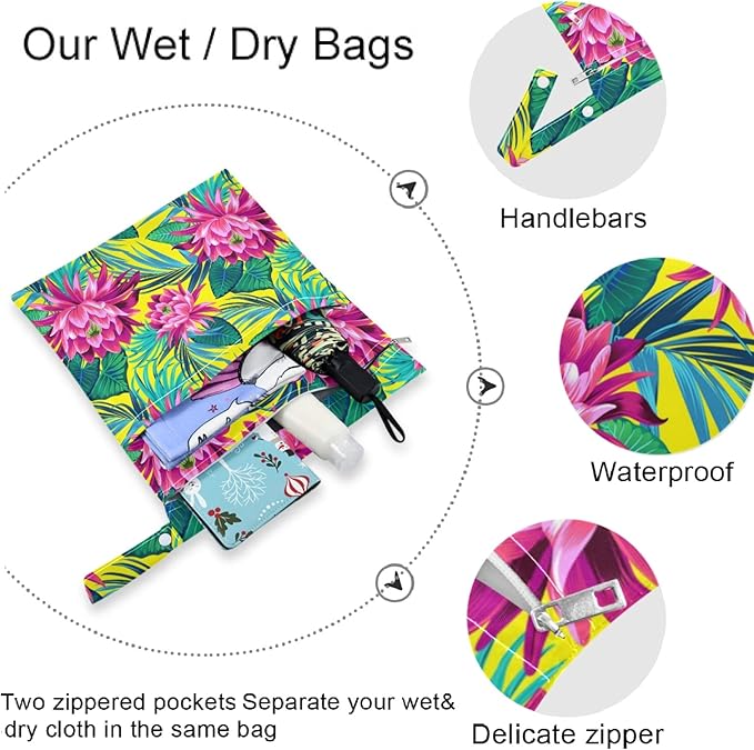 visesunny Tropical Leaf Lotus Floral 2Pcs Wet Bag with Zippered Pockets Washable Reusable Roomy for Travel,Beach,Pool,Daycare,Stroller,Diapers,Dirty Gym Clothes, Wet Swimsuits, Toiletries