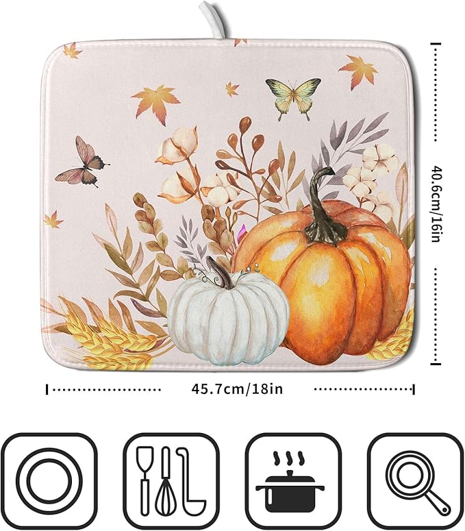 Fall Pumpkin Maple Dish Drying Mat for Kitchen Counter,Autumn Butterflies Harvest Drying Mat 16 x 18 Inch with Absorbent Reversible Microfiber Dish Drying Pad Dish Rack Drainer Mat for Coffee Bar