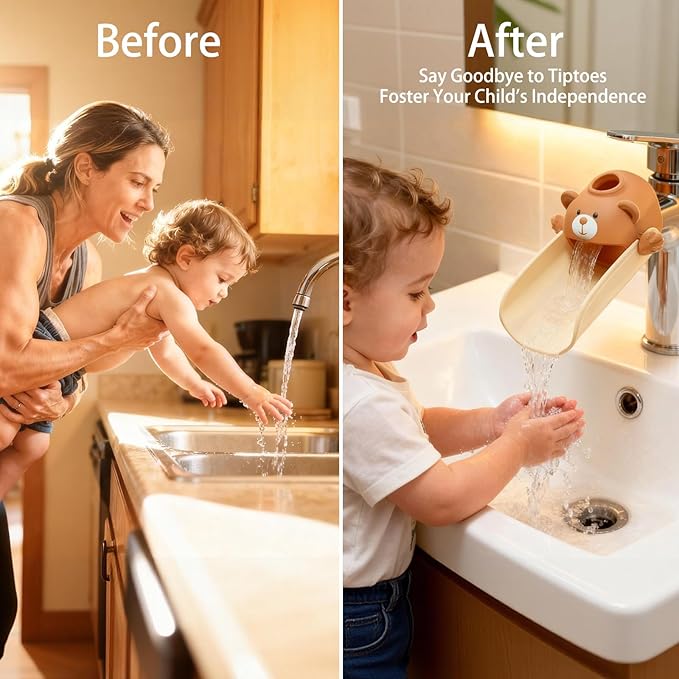 Skyroku Faucet Extender for Kids, Temperature-Sensitive Faucet Spout Extension for Independent Hand Washing - Cute Bear Design, Fits Most Bathroom & Kitchen Sinks (Brown&Green)