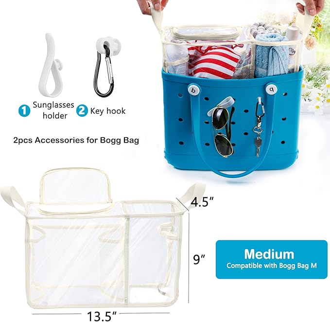 AMOIGEE Clear Beach Bag Organizer Insert with Zipper Closure Lid and 3pcs Accessories Compatible with Bogg Bag Medium- Tote Insert Bag Divider with Sunglasses Holder, Clips Hooks