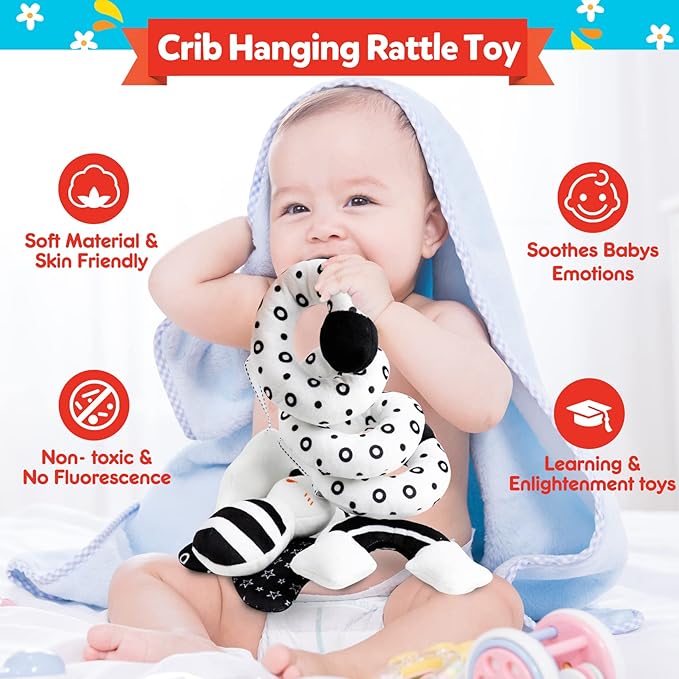 Baby Spiral Hanging Stroller and Car Seat Toys Black and White High Contrast Sensory Toy Newborn Plush Activity Toys Party Favors Quality Gifts for Baby Shower Valentine's-BEE