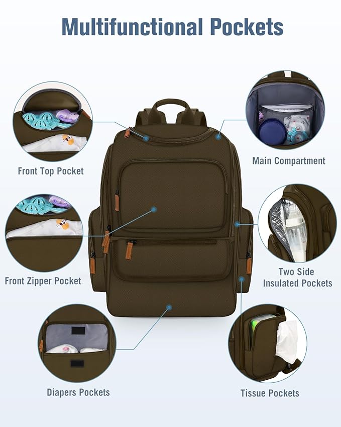 Mancro Diaper Bag Backpack, Large Multifunction Baby Backpack for Travel with Stroller Strap and 2 Insulated Pockets, Diaper Baby Bag for Mom, Dark Green