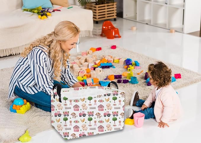 Essme Rectangular Kids Baskets,Pink Storage Basket with Handles for Girls Room Decor, Farm Box,Cute Storage Bin（Pink Farm）