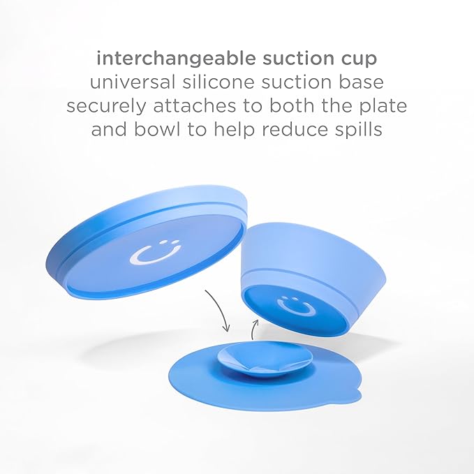 Ubbi Toddler Feeding Set, 7-Piece, Plate, Bowl, Cup + Baby & Toddler Stainless Steel Utensils, Interchangeable Suction Base, BPA-Free Dishwasher Safe, Self-Feeding for Baby-Led Weaning, Polaris Blue