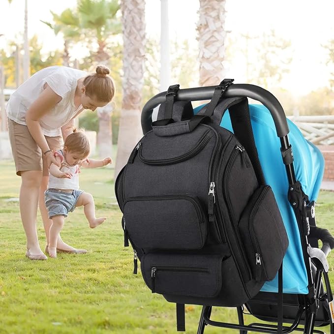 Mancro Diaper Bag Backpack, Multifunctional Dad Diaper Bag with 2 Side Insulated Pockets, Travel Water Resistant Baby Diaper Backpack for Men Women with Stroller Straps, Black