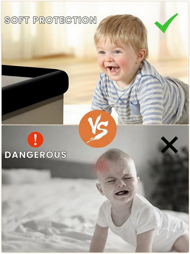 QYV Baby Proof Edge Corner Protector, 16.4FT 0.47''Th L-Shape Furniture Corner & Edge Safety Bumpers with 10 Corners, Pre-Taped, Soft NBR Rubber Foam Desk Edge Cushion Wall Corner Protector (Black)